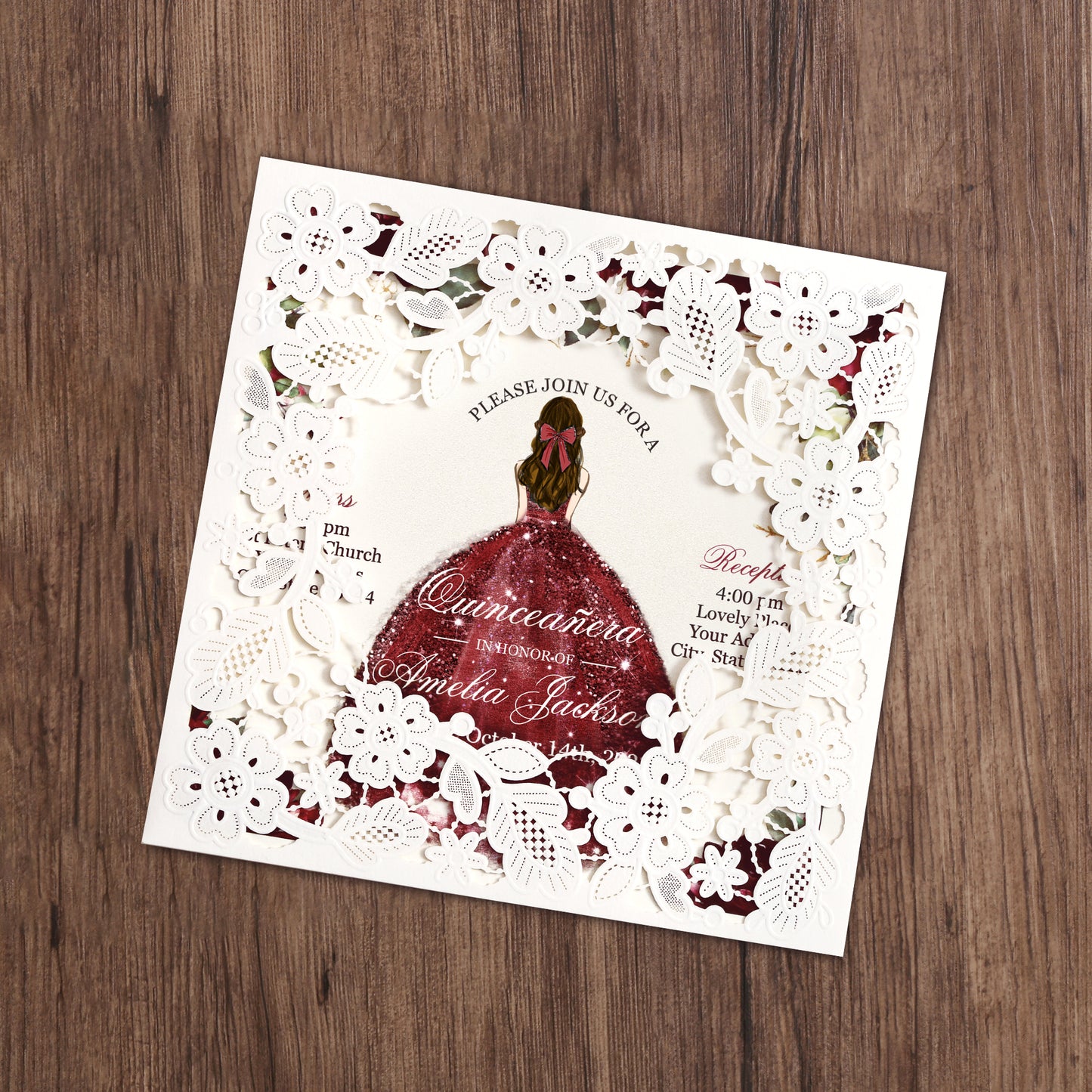 Customized Quinceanera Invitation Burgundy, Elegant 15 years Invitations Sweet 16, Miss XV, Birthday Laser Cut Quince Invitation Cards White Personalized