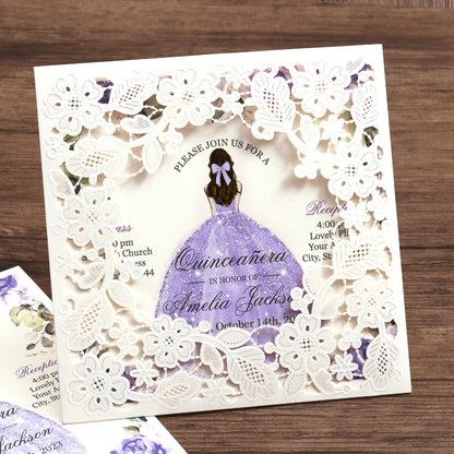 Customized Quinceanera Invitation Lavender, Elegant 15 years Invitations Sweet 16, Miss XV, Birthday Laser Cut Quince Invitation Cards White Personalized