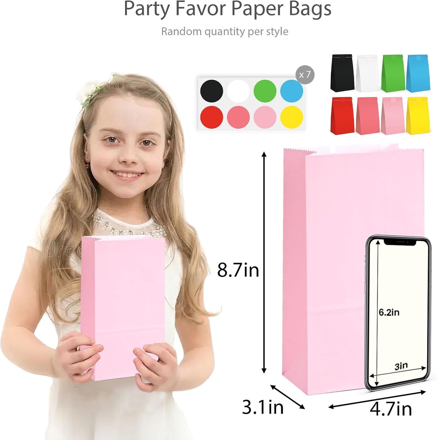 DreamBuilt 54PCS Gift Bags,Party Favor Paper Bags, Paper Bags with Stickers 8 Colors Goody Bags Treat Bag for Party Birthday Baby Shower Wedding