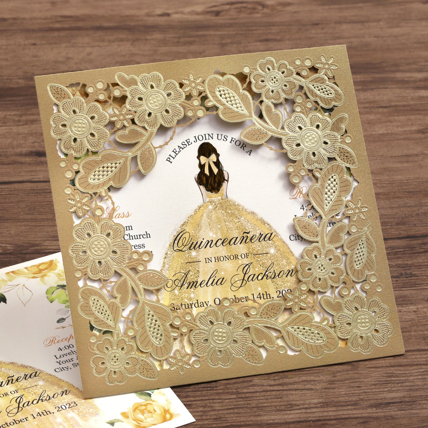 Customized Quinceanera Invitation Gold, Elegant 15 years Invitations Sweet 16, Miss XV, Birthday Laser Cut Quince Invitation Cards Gold Personalized