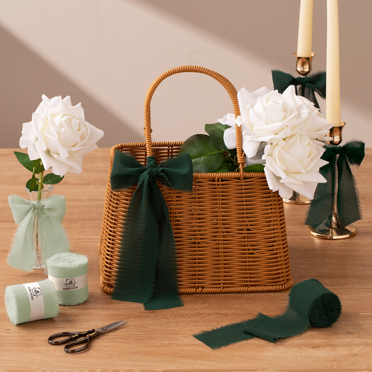 Handmade Fringe Chiffon Silk-Like Ribbon 2" x 7Yd Set of 3 Rolls Ribbons for Wedding Invitations, Bouquets, Gift Wrapping (3 Rolls Dark Green)