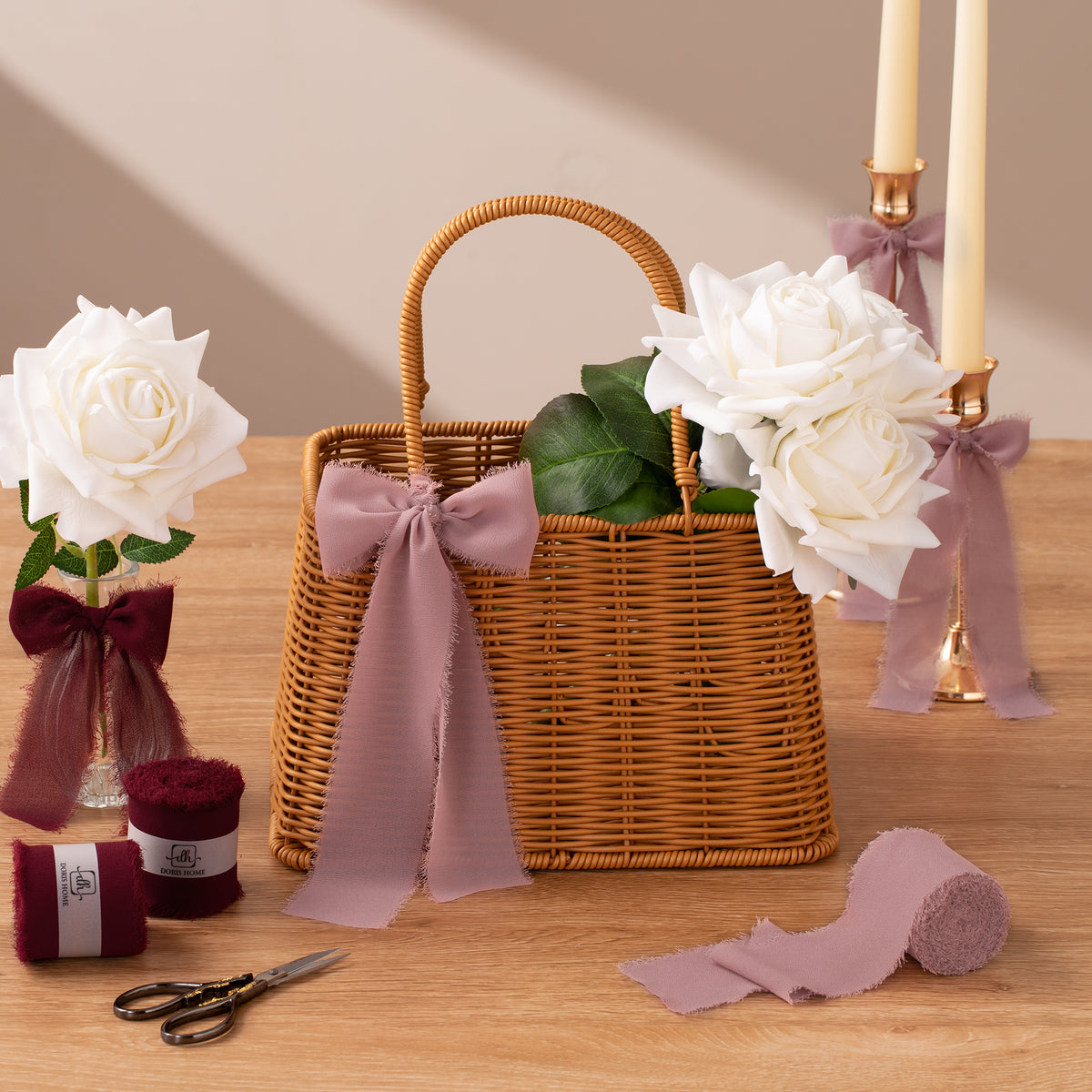 Handmade Fringe Chiffon Silk-Like Ribbon 2" x 7Yd Set of 3 Rolls Ribbons for Wedding Invitations, Bouquets, Gift Wrapping (3 Rolls Mauve)