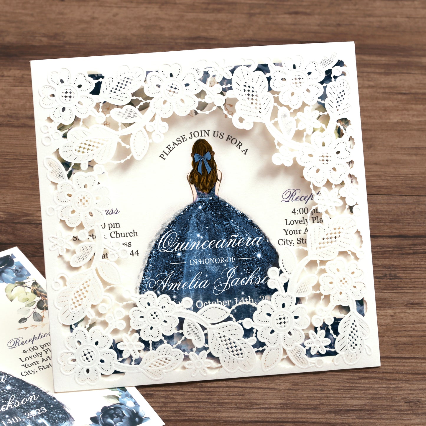 Customized Quinceanera Invitation Navy Blue, Elegant 15 years Invitations Sweet 16, Miss XV, Birthday Laser Cut Quince Invitation Cards White Personalized