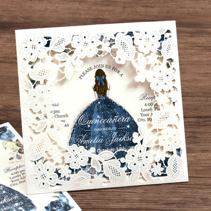 Customized Quinceanera Invitation Navy Blue, Elegant 15 years Invitations Sweet 16, Miss XV, Birthday Laser Cut Quince Invitation Cards White Personalized - DorisHome