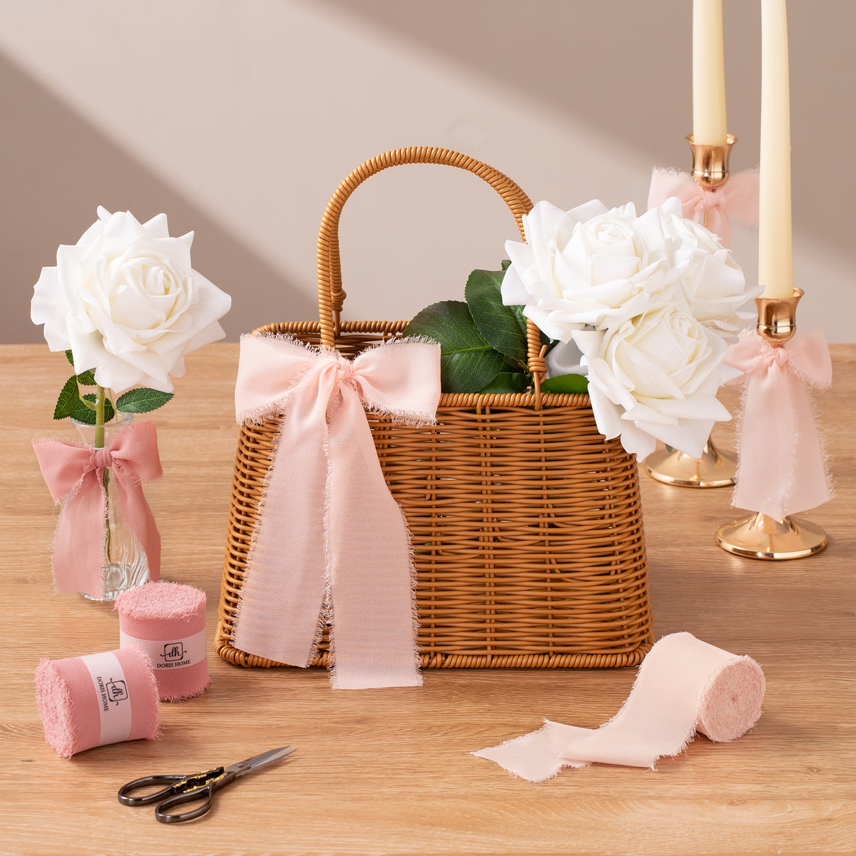 Handmade Fringe Chiffon Silk-Like Ribbon 2" x 7Yd Set of 3 Rolls Ribbons for Wedding Invitations, Bouquets, Gift Wrapping (3 Rolls Dusty Rose/Mauve/Pink)