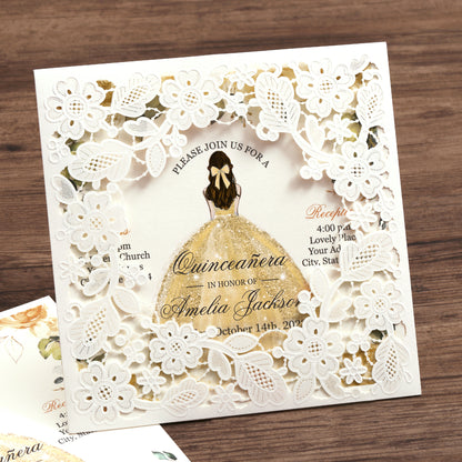 Customized Quinceanera Invitation Gold, Elegant 15 years Invitations Sweet 16, Miss XV, Birthday Laser Cut Quince Invitation Cards White Personalized