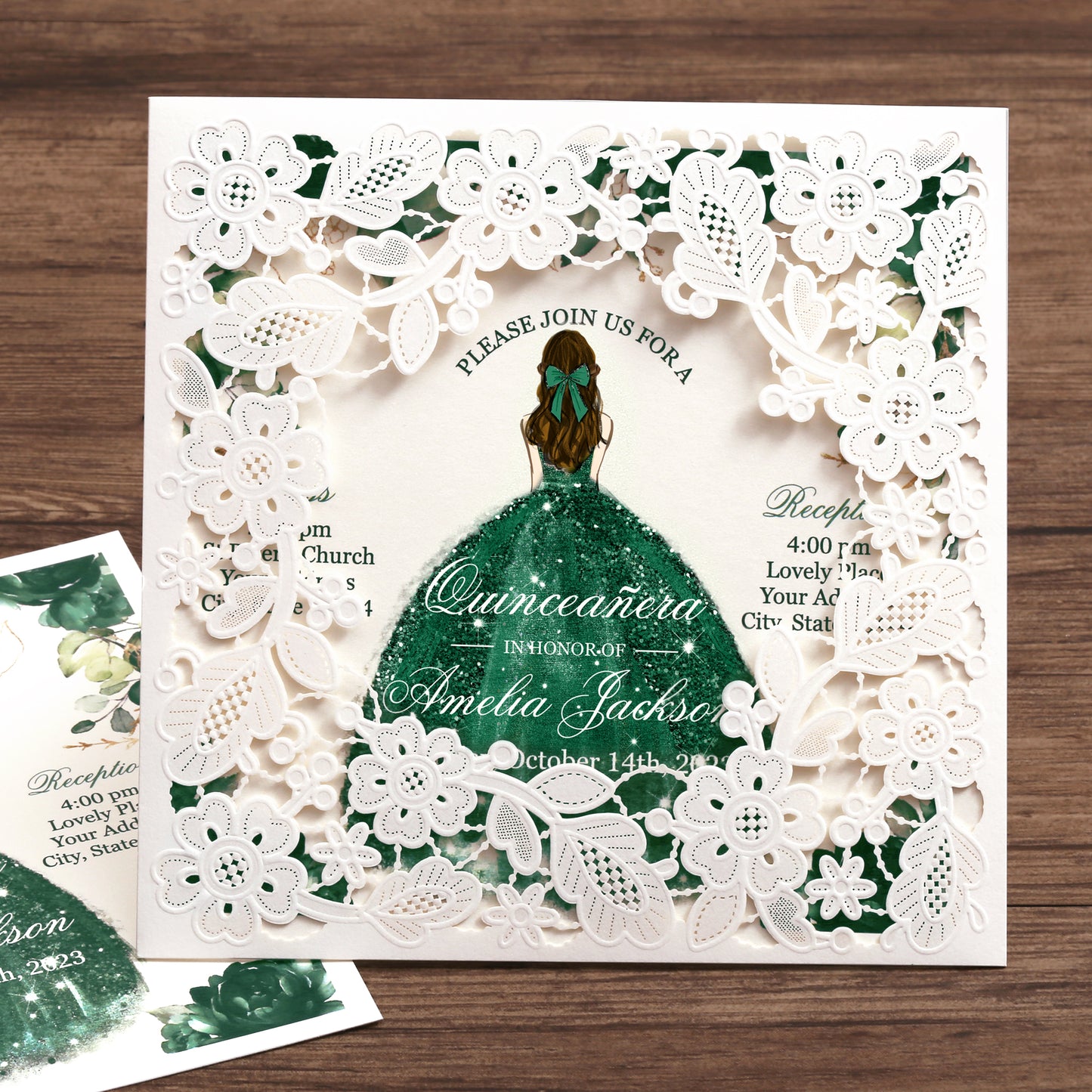 Customized Quinceanera Invitation Emerald Green, Elegant 15 years Invitations Sweet 16, Miss XV, Birthday Laser Cut Quince Invitation Cards White Personalized