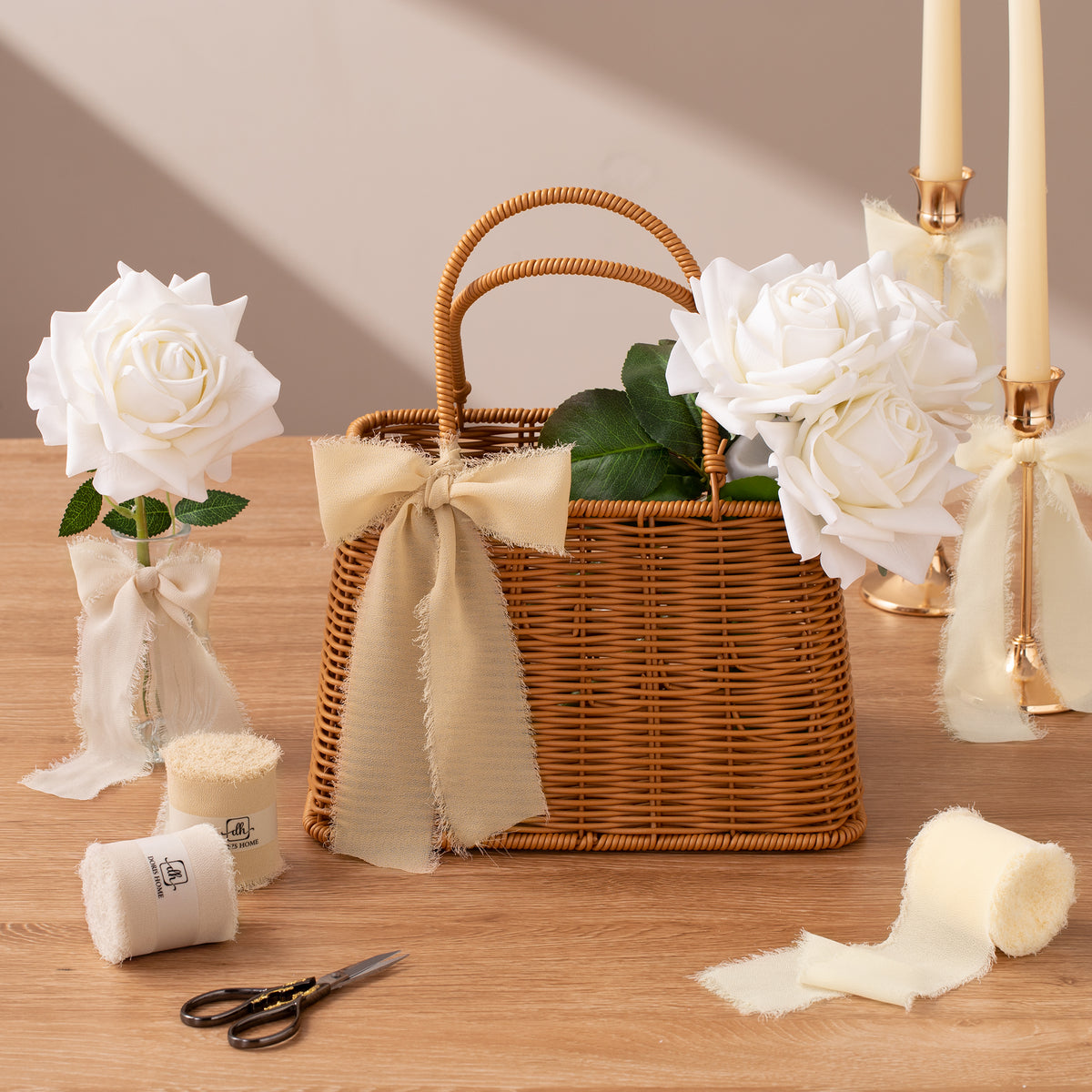 Handmade Fringe Chiffon Silk-Like Ribbon 2" x 7Yd Set of 3 Rolls Ribbons for Wedding Invitations, Bouquets, Gift Wrapping (3 Rolls Nude)