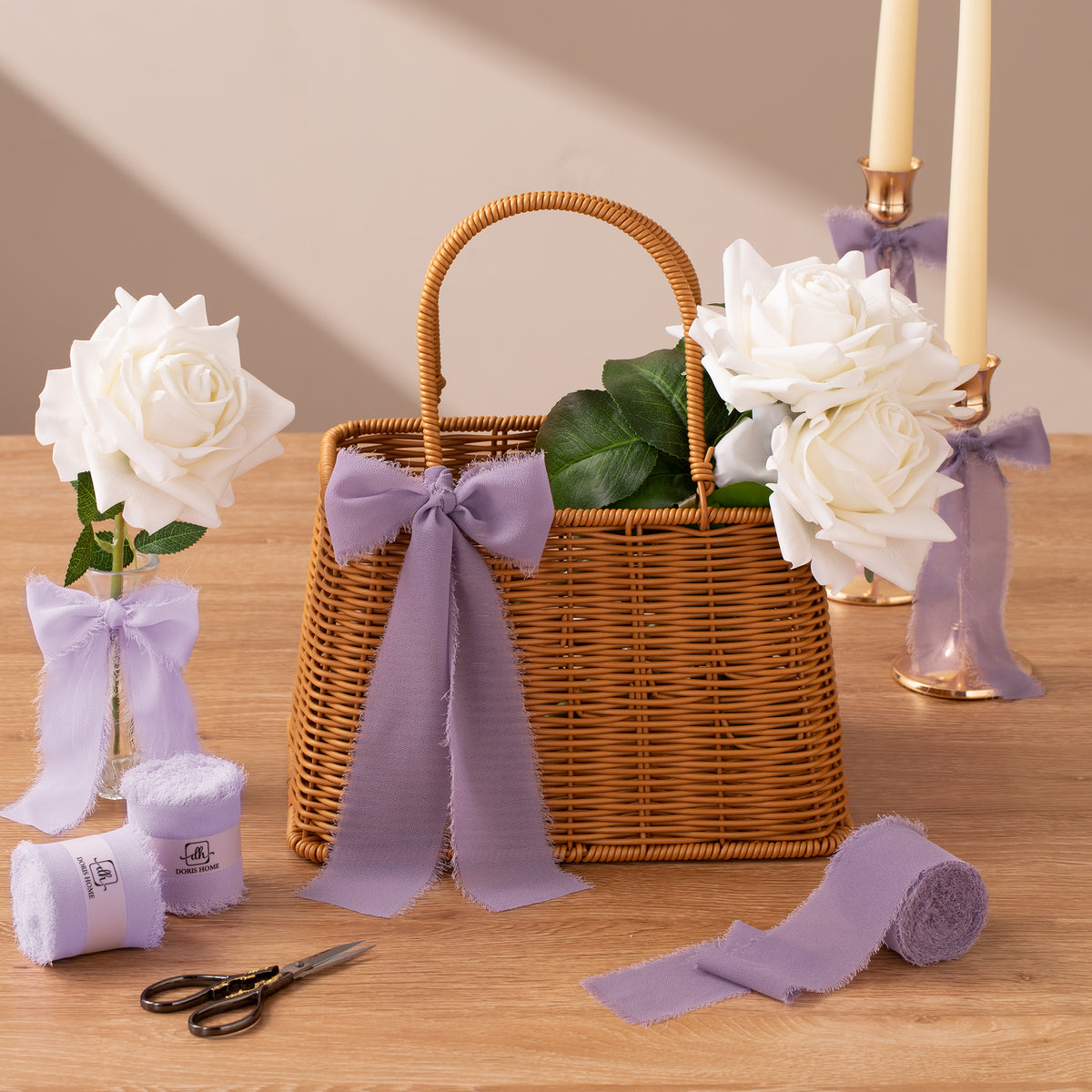 Handmade Fringe Chiffon Silk-Like Ribbon 2" x 7Yd Set of 3 Rolls Ribbons for Wedding Invitations, Bouquets, Gift Wrapping (3 Rolls Light Purple)