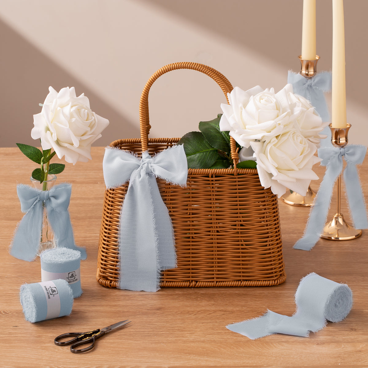 Handmade Fringe Chiffon Silk-Like Ribbon 2" x 7Yd Set of 3 Rolls Ribbons for Wedding Invitations, Bouquets, Gift Wrapping (3 Rolls Dusty Blue)