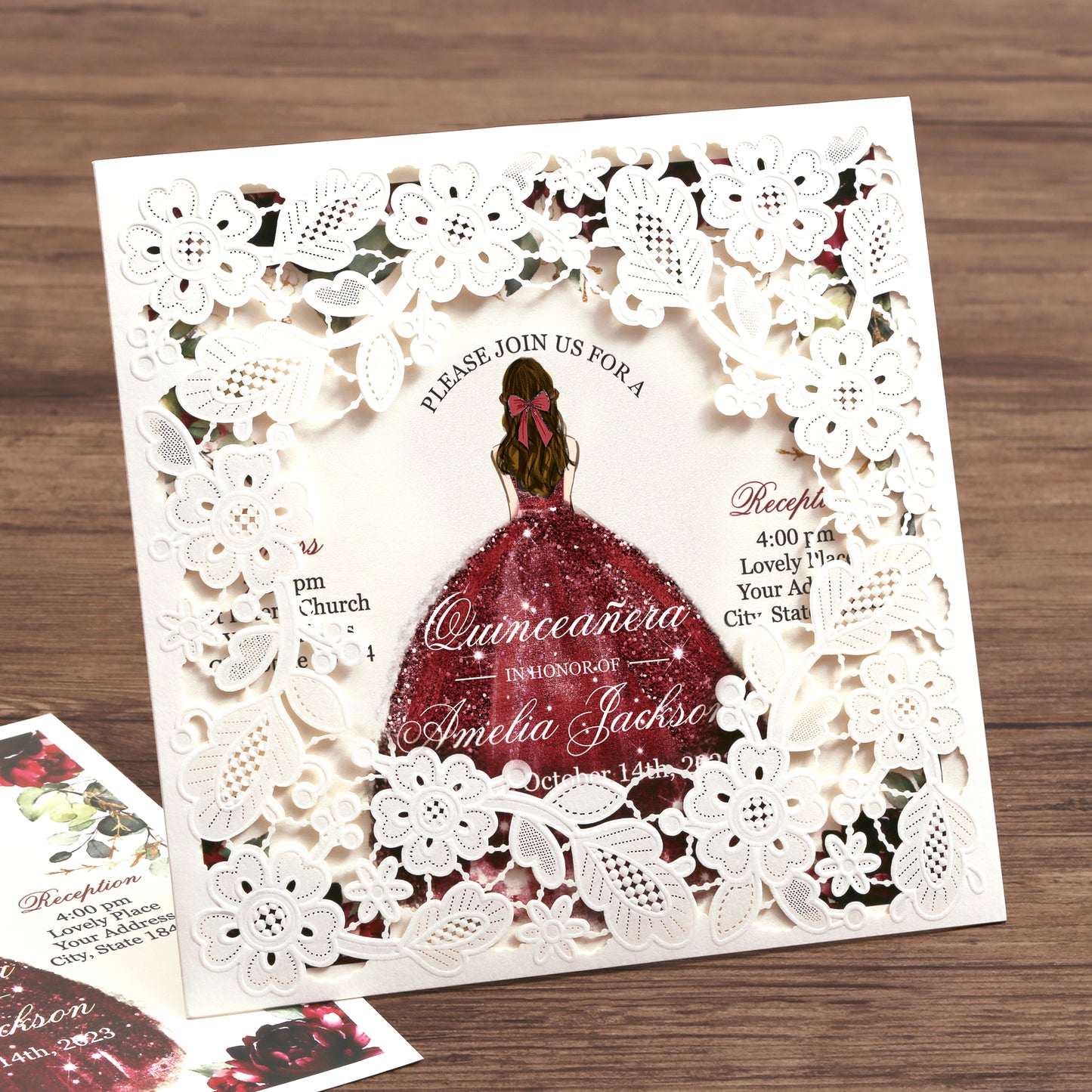 Customized Quinceanera Invitation Burgundy, Elegant 15 years Invitations Sweet 16, Miss XV, Birthday Laser Cut Quince Invitation Cards White Personalized