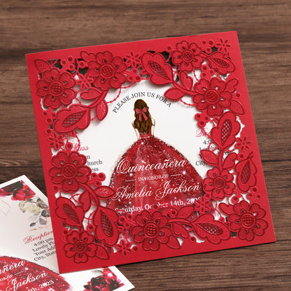 Customized Quinceanera Invitation Red, Elegant 15 years Invitations Sweet 16, Miss XV, Birthday Laser Cut Quince Invitation Cards Red Personalized