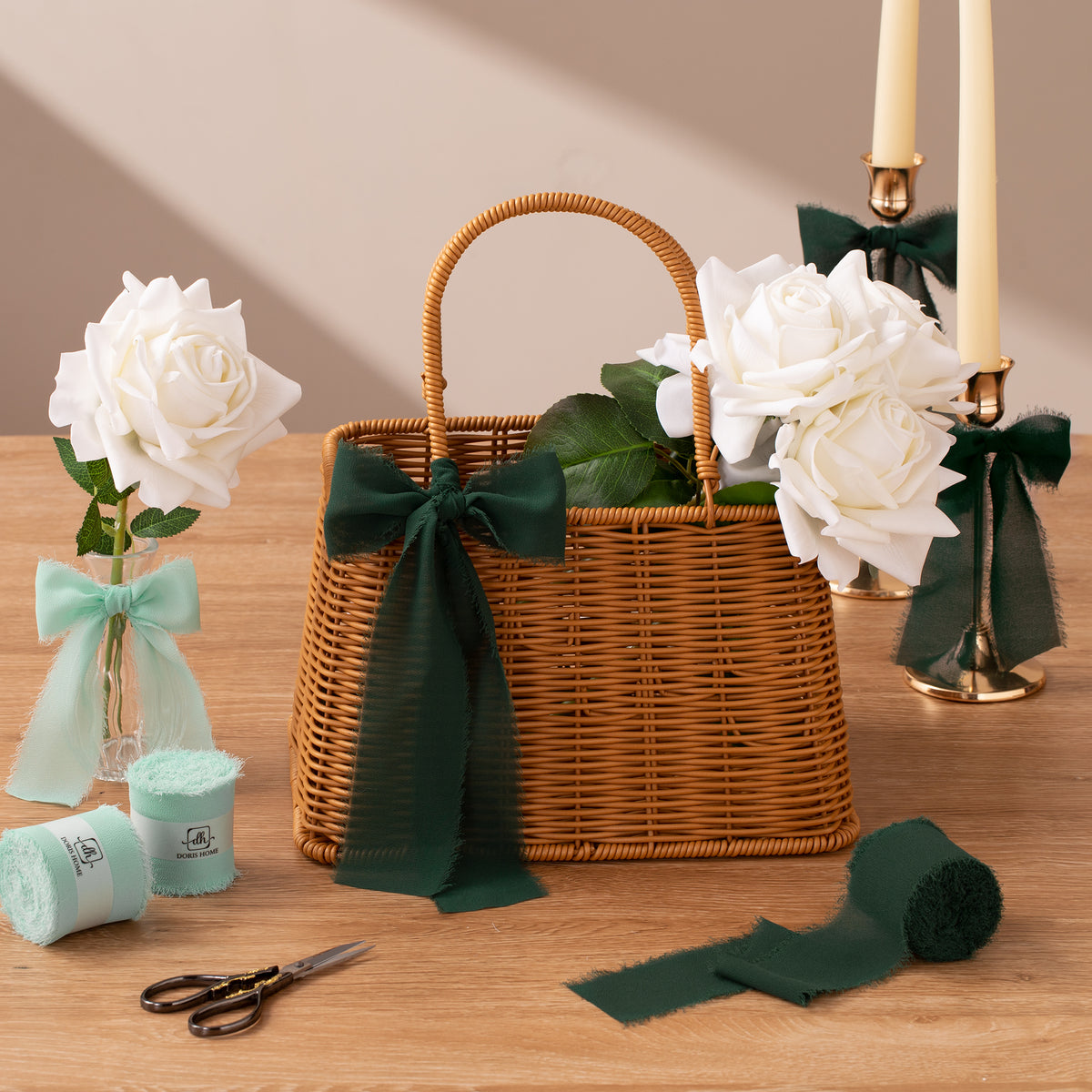 DORIS HOME Handmade Fringe Chiffon Silk-Like Ribbon 2" x 7Yd Set of 3 Rolls Ribbons for Wedding Invitations, Bouquets, Gift Wrapping (3 Rolls Mint Green)