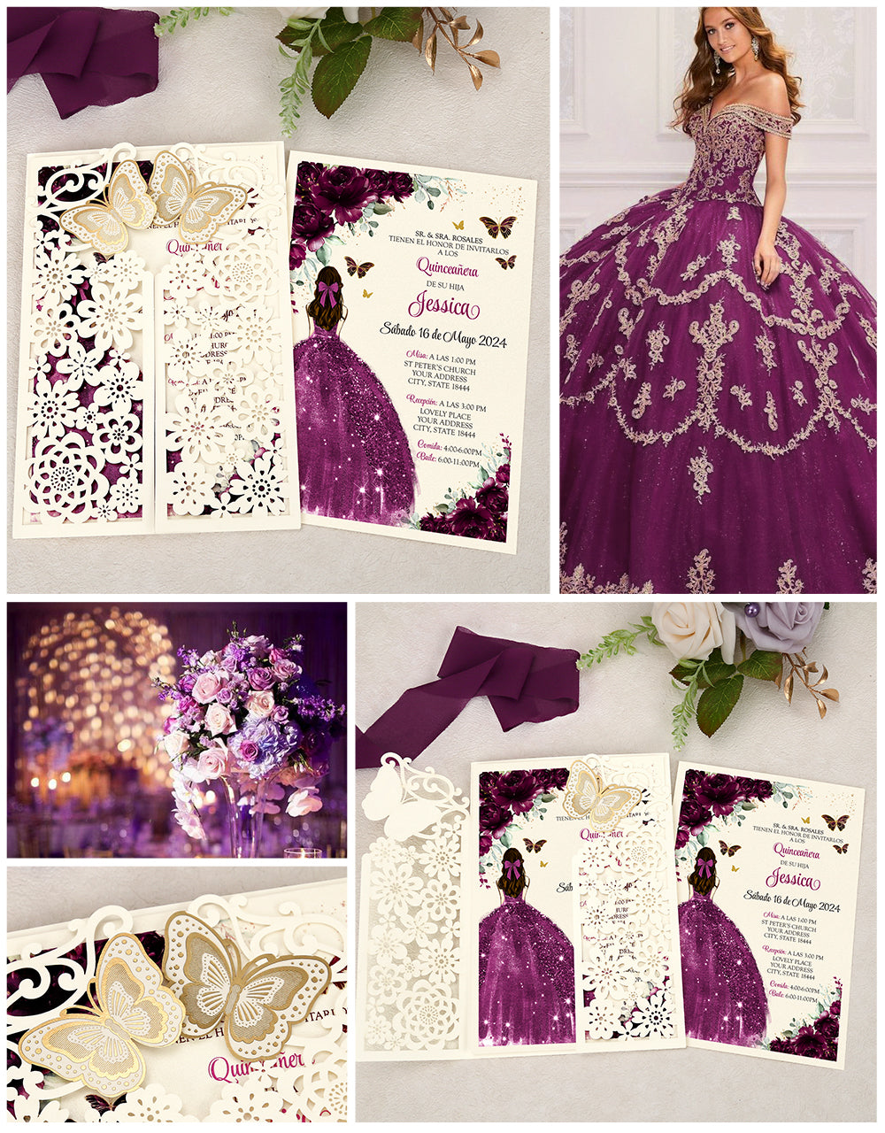 Butterfly Quinceanera Invitation Purple for 15 year, Sweet 16, Miss XV, Birthday Laser Cut Quince Invitation Cards Personalized Ivory White