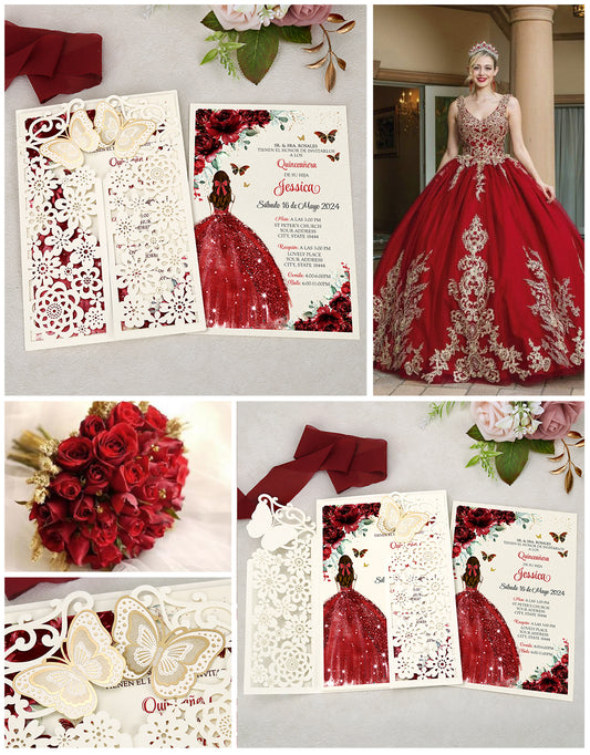 Butterfly Quinceanera Invitation Red for 15 year, Sweet 16, Miss XV, Birthday Laser Cut Quince Invitation Cards Personalized Ivory White