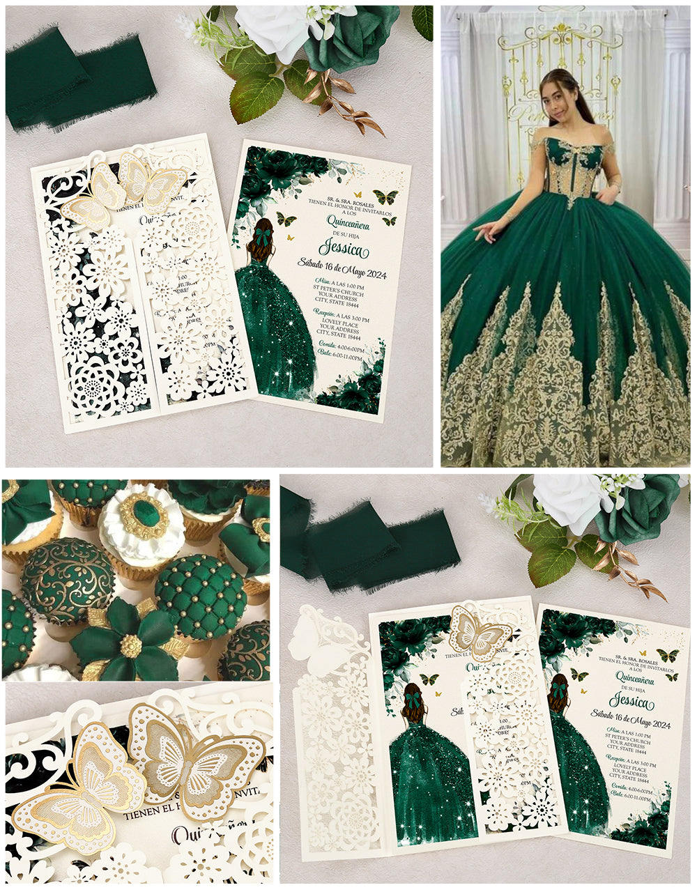 Butterfly Quinceanera Invitation Emerald Green for 15 year, Sweet 16, Miss XV, Birthday Laser Cut Quince Invitation Cards Personalized Ivory White