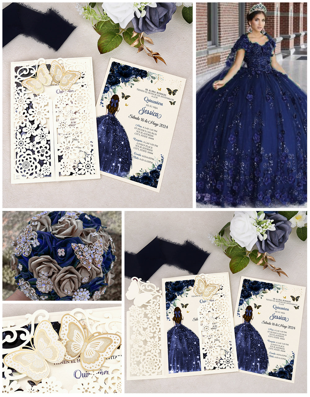 Butterfly Quinceanera Invitation Navy Blue for 15 year, Sweet 16, Miss XV, Birthday Laser Cut Quince Invitation Cards Personalized Ivory White