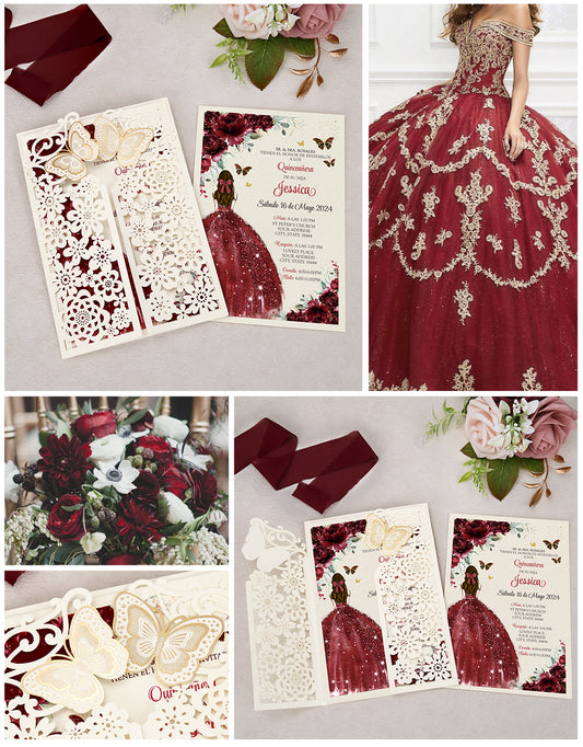 Butterfly Quinceanera Invitation Burgundy for 15 year, Sweet 16, Miss XV, Birthday Laser Cut Quince Invitation Cards Personalized Ivory White