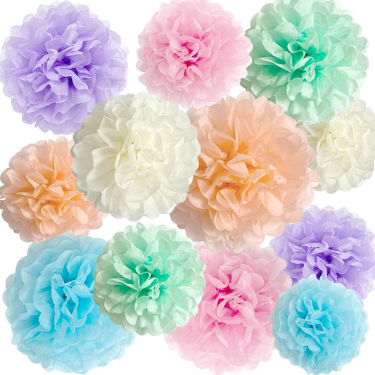 DreamBuilt Pastel Tissue Paper Pom Poms Party Decorations Rainbow Ice Cream Easter Macaron Flowers Wall Hanging Décor Supplies Birthday Bridal Baby Shower Colorful Pink Purple Peach Mint Green Blue Ivory