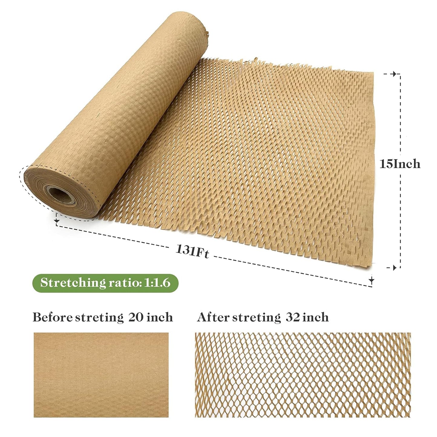 DreamBuilt Honeycomb Packing Paper, 15" x 131' Packing Paper Substitute Alternative for Bubble Cushioning Wrap for Moving Shipping Packaging, Recyclable Moving Supplies Bubble Packing Wrap Protective Roll