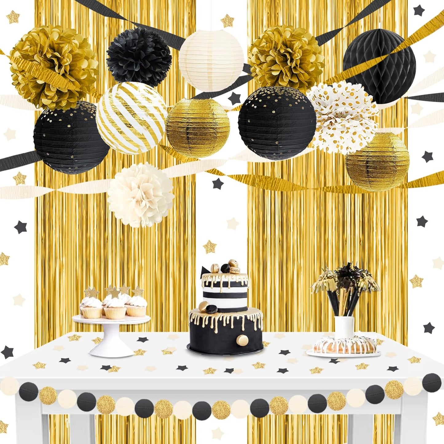 DreamBuilt 2025 New Years Eve Party Decorations, 22 PCS Gold Metallic Foil Fringe Backdrop Curtains Paper Lanterns Tissue Pom Poms Decor for Black Gold Party Supplies, Wedding, Birthday, Graduation