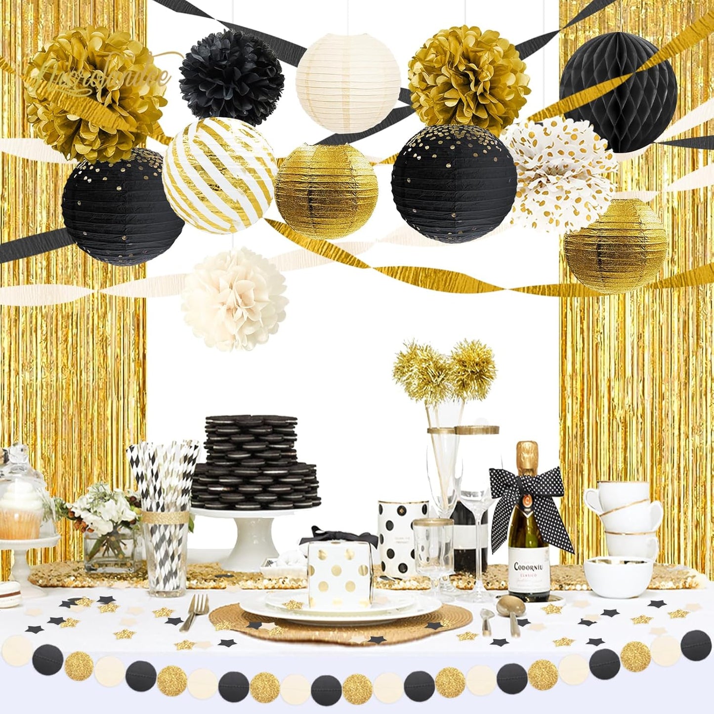 DreamBuilt 2025 New Years Eve Party Decorations, 22 PCS Gold Metallic Foil Fringe Backdrop Curtains Paper Lanterns Tissue Pom Poms Decor for Black Gold Party Supplies, Wedding, Birthday, Graduation