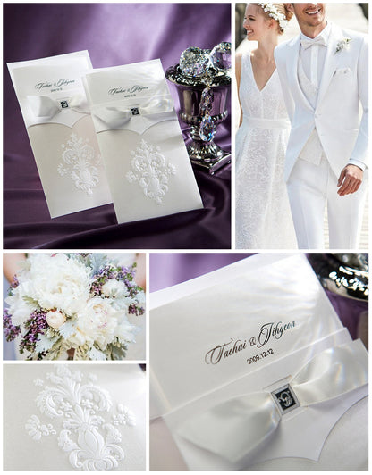 Vertical Ivory White Flora Pattern with Bowknot Engagement Wedding Invitation - DorisHome