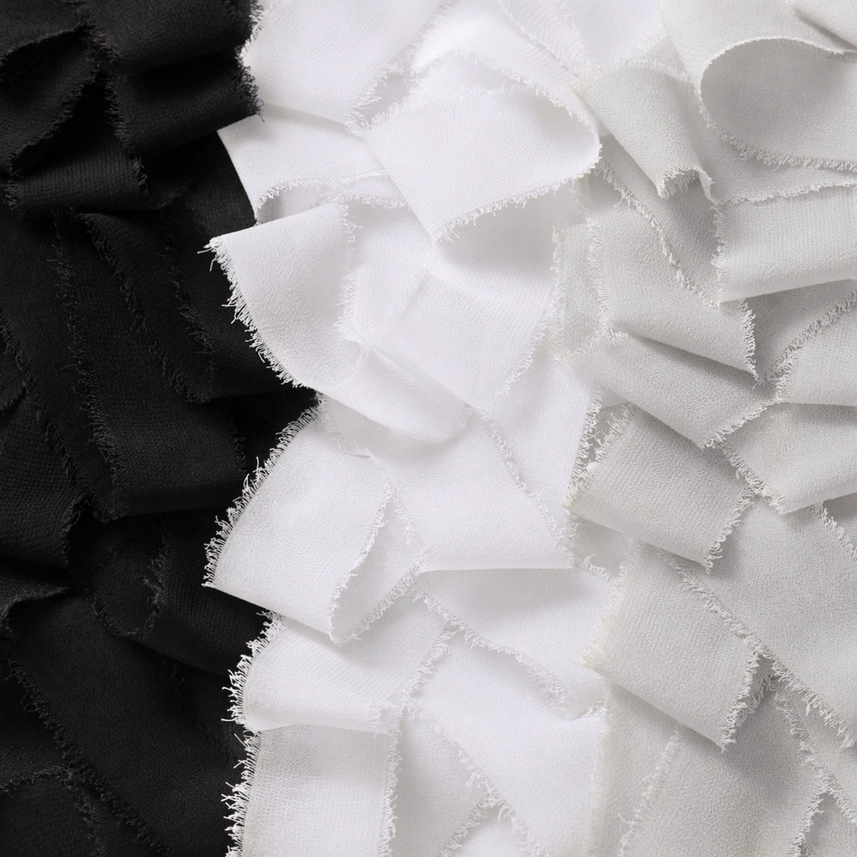 Handmade Fringe Chiffon Silk-Like Ribbon 2" x 7Yd Set of 3 Rolls Ribbons for Wedding Invitations, Bouquets, Gift Wrapping (3 Rolls Black/White/Light Grey)