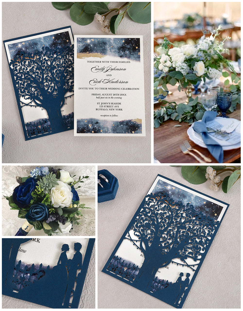 Laser Cut Wedding Invitations with Envelopes Navy Blue, Personalized Pearlized inserts Invitation Cards for Wedding, Invitations with Envelopes