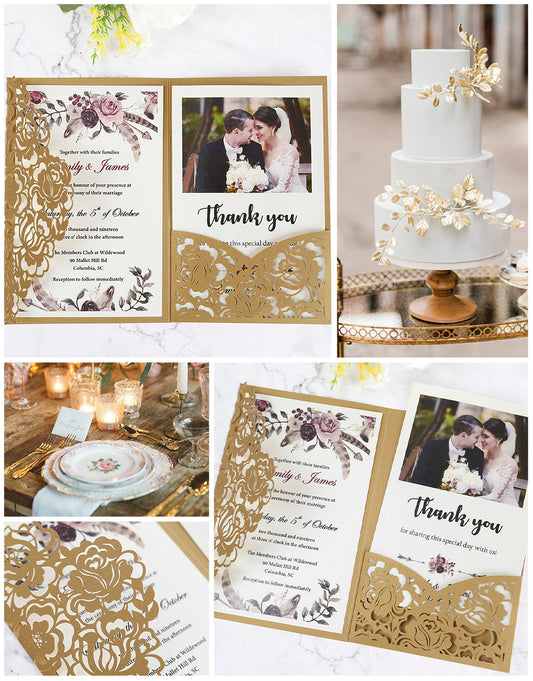 Gold Floral Laser cut invitation cards for Wedding, Anniversary