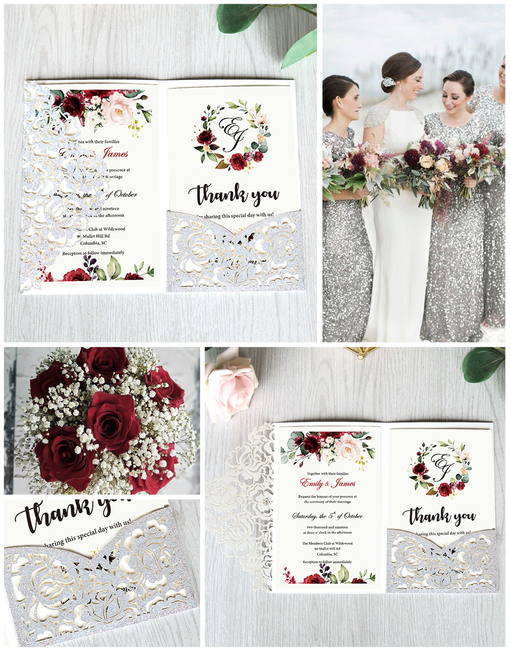 Glitter Silver Floral Laser cut invitation cards for Wedding