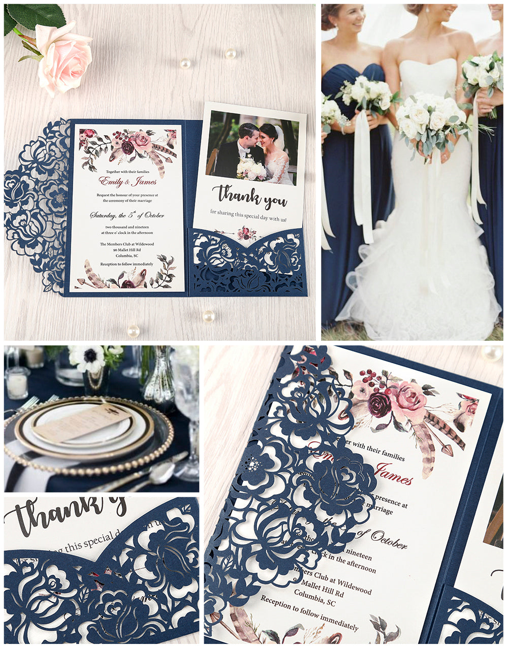Navy Blue Floral Laser cut invitation cards for Wedding, Anniversary