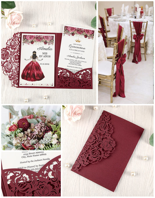 Burgundy Floral Laser cut invitation cards for Quinceanera