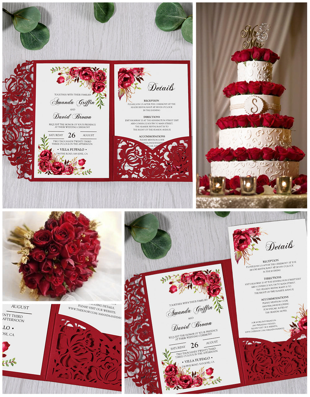 DORIS HOME Red Floral Laser cut invitation cards for Wedding