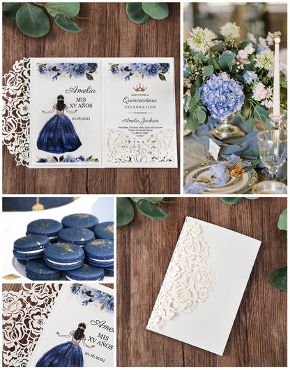 White Floral Laser cut invitation cards for Quinceanera - DorisHome
