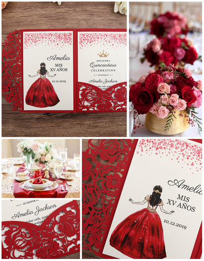 DORIS HOME Red Floral Laser cut invitation cards for Quinceanera - DorisHome