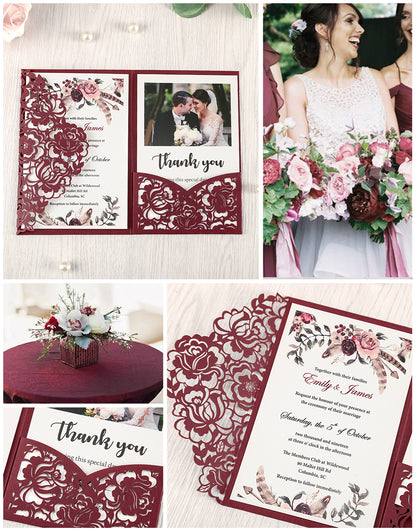 Burgundy Floral Laser cut invitation cards for Wedding - DorisHome