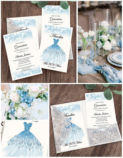 Glitter Silver Floral Laser cut invitation cards for Quinceanera