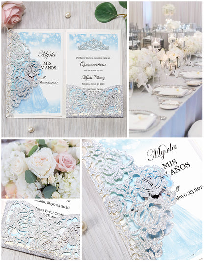 Glitter Silver Floral Laser cut invitation cards for Quinceanera - DorisHome