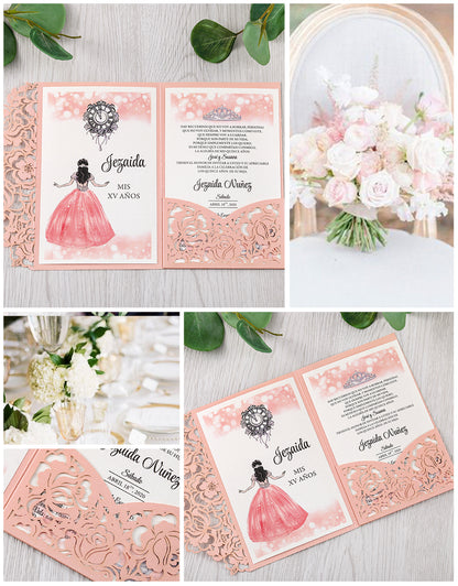 Pink Floral Laser cut invitation cards for Quinceanera - DorisHome