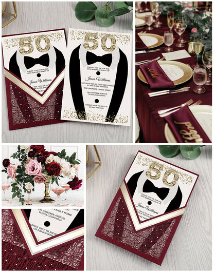 Burgundy Floral Laser cut invitation cards for Wedding, Anniversary, Quinceanera, Birthday - DorisHome