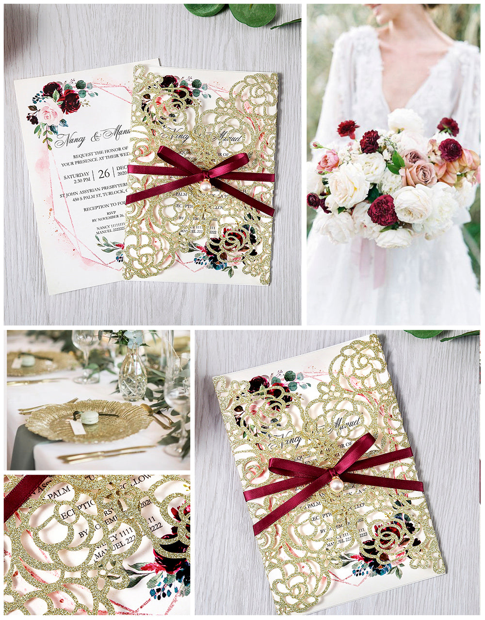 Gold Glitter Floral Laser cut invitation cards with Burgundy Ribbon and Pearl for Wedding Anniversary