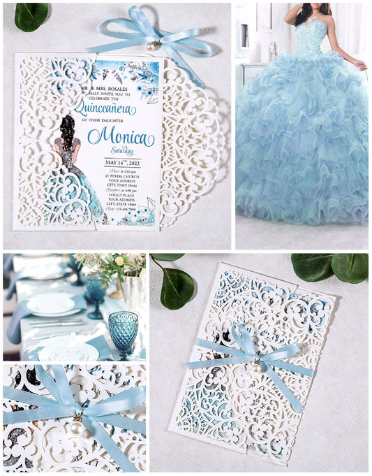 5 X 7.2" Laser Cut Hollow Rose Quinceanera invitations Cards With Blue Ribbon And Envelopes For Quinceanera Sweet 15 Invite