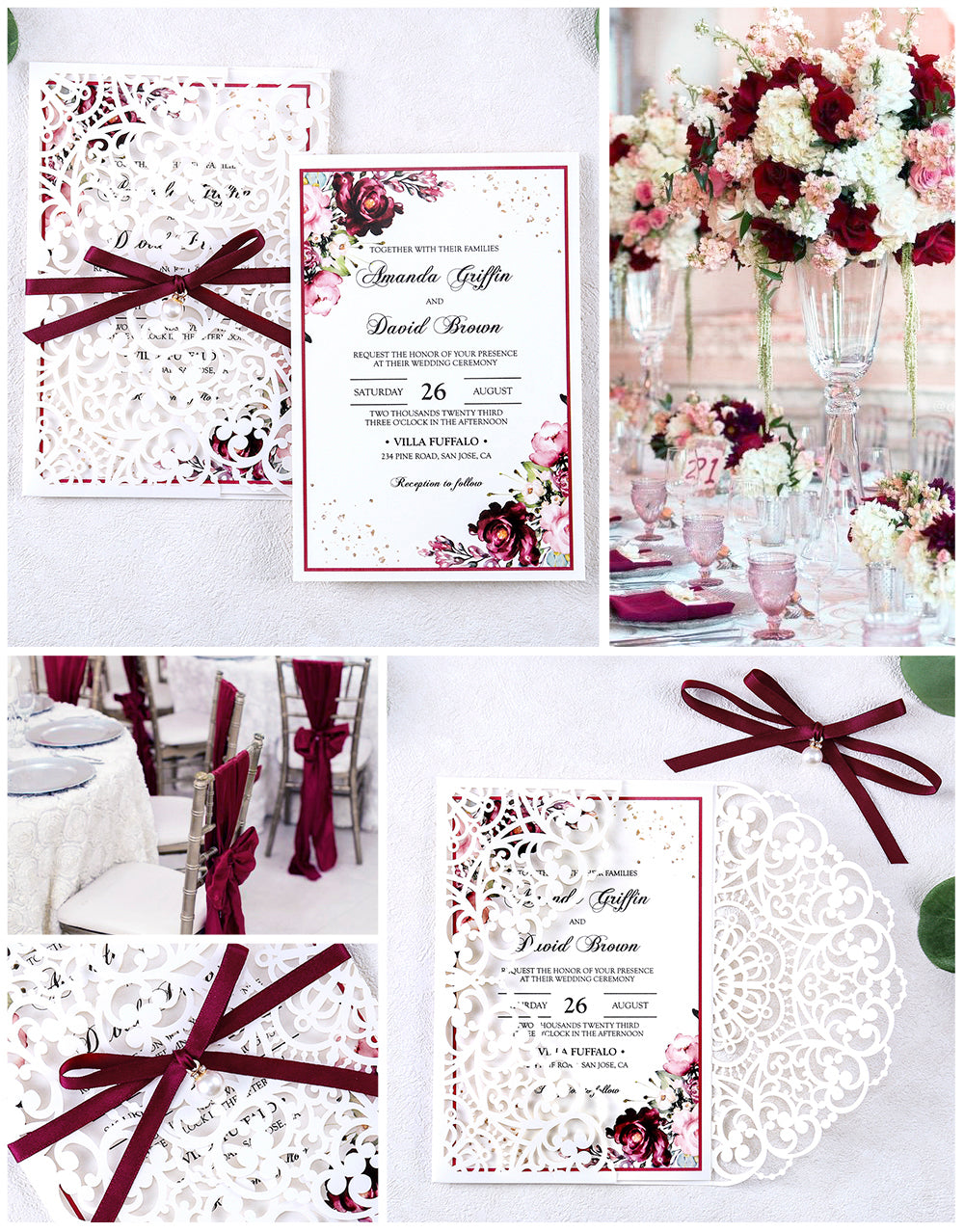5 X 7.2" Laser Cut Hollow Rose Wedding invitations Cards With Burgundy Ribbon And Envelopes For Wedding Bridal Shower Engagement