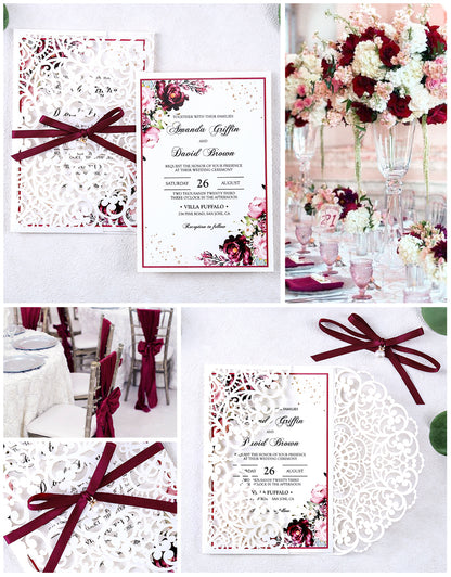 DreamBuilt 5 X 7.2" Laser Cut Hollow Rose Wedding invitations Cards With Burgundy Ribbon And Envelopes For Wedding Bridal Shower Engagement - DorisHome