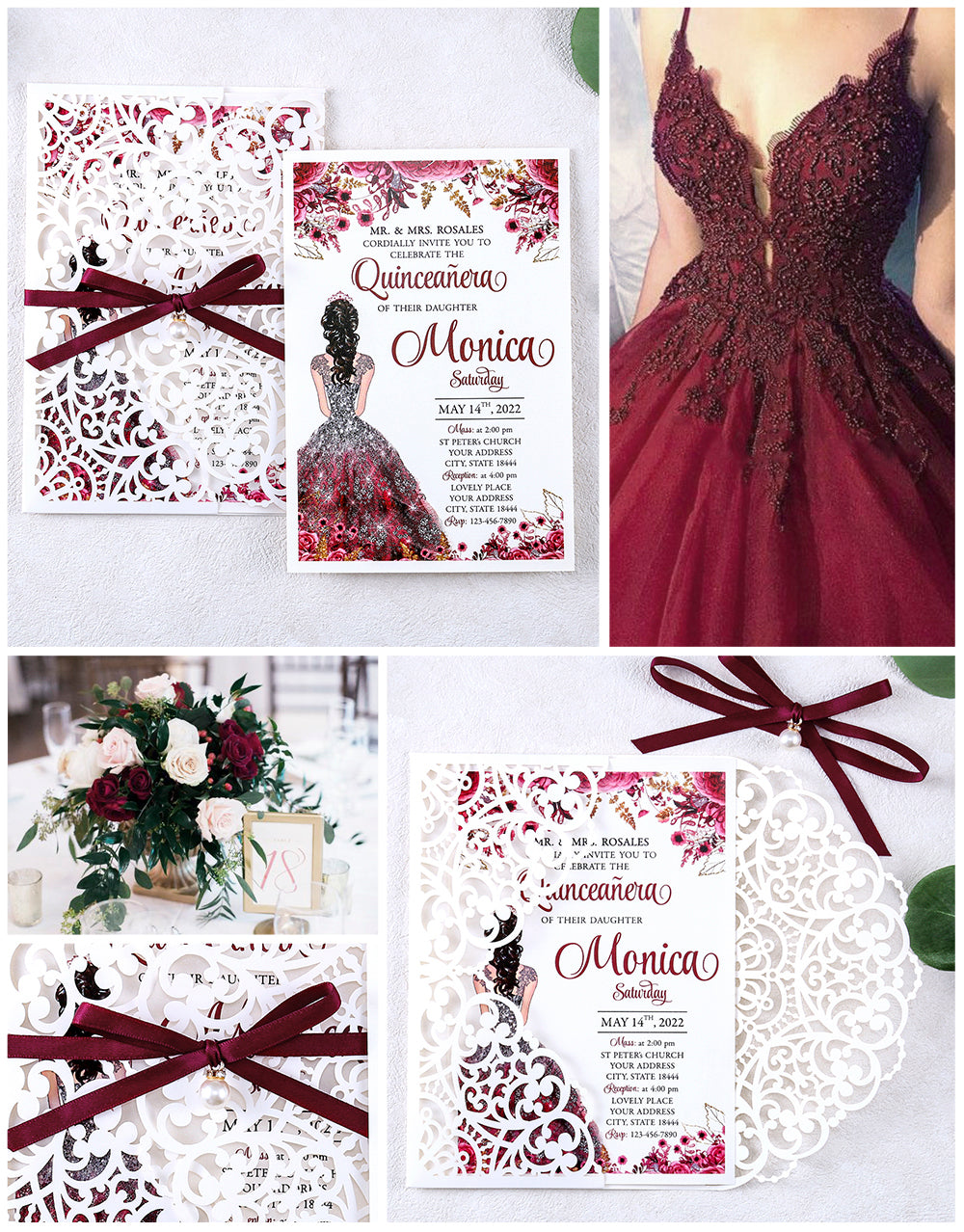 5 X 7.2" Laser Cut Hollow Rose Quinceanera invitations Cards With Burgundy Ribbon And Envelopes For Quinceanera Sweet 15 Invite
