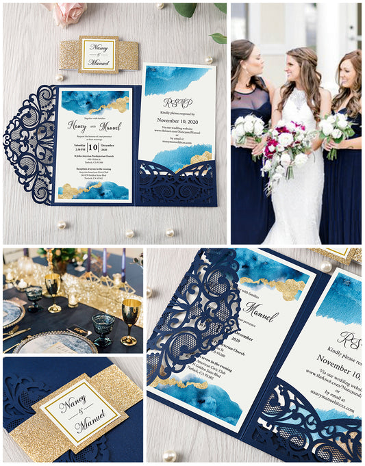 Pearlized Blue Floral Laser cut Wedding Invitation with Glitter Gold Bellyband for Wedding, Anniversary, Quinceanera