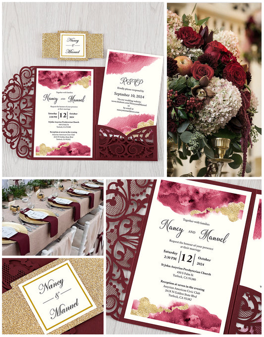 Pearlized Burgundy Floral Laser cut Wedding Invitation with Glitter Gold Bellyband for Wedding, Anniversary, Quinceanera