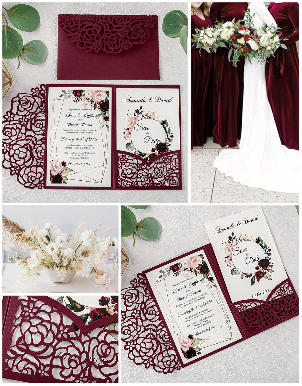 4.7 x7 inch Burgundy Laser Cut Hollow Rose Wedding Invitations Cards with Burgundy Pockets and Envelopes for Wedding Bridal Shower