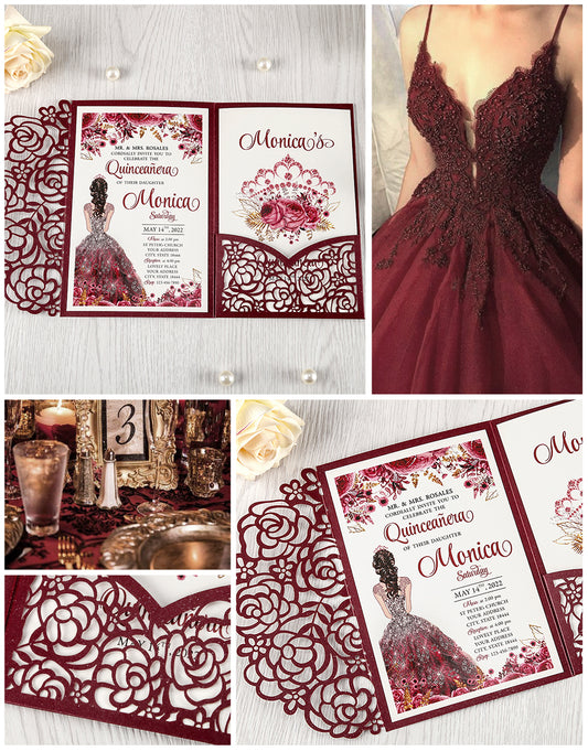 4.7 x7 inch Burgundy Laser Cut Hollow Rose Wedding Invitations Cards with Pearlized Pockets and Envelopes for Wedding Bridal Shower